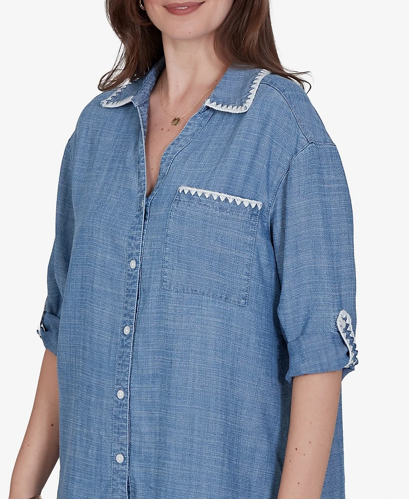 Ruby Rd. Petite Crochet Trim Soft Button-Front Top