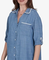 Ruby Rd. Petite Crochet Trim Soft Button-Front Top