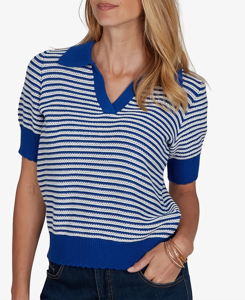 Ruby Rd. Petite Two-Tone Collared Elbow-Sleeve Sweater