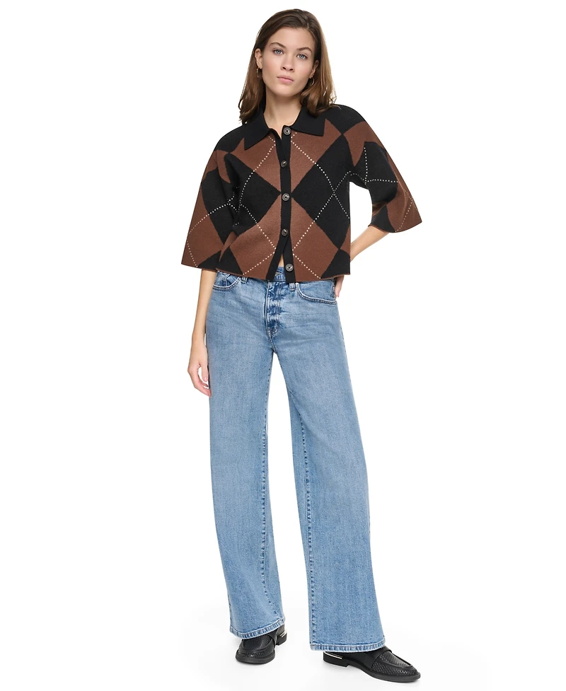 Dkny Jeans Petite Argyle Button-Front Sweater