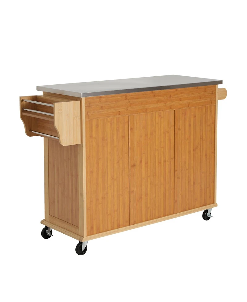 Streamdale Furniture Bamboo Rolling Kitchen Island with Stainless Steel Top and Storage
