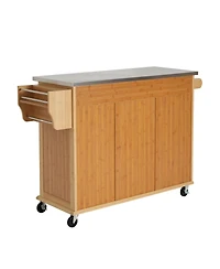 Streamdale Furniture Bamboo Rolling Kitchen Island with Stainless Steel Top and Storage