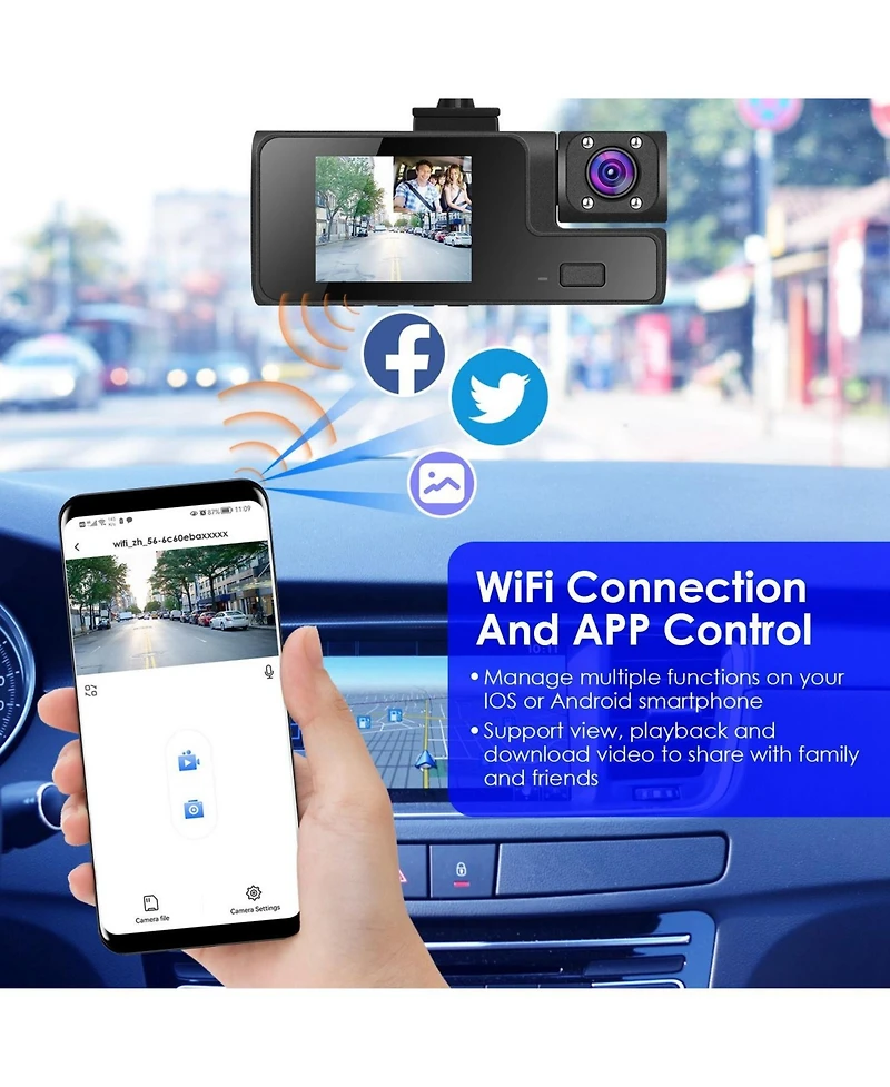 Neewer WiFi Fhd 1080P Car Dash Cam 3 Channels Front Rear Inside Dash Camera with Loop Recording Reversing Visual 170degree(s)