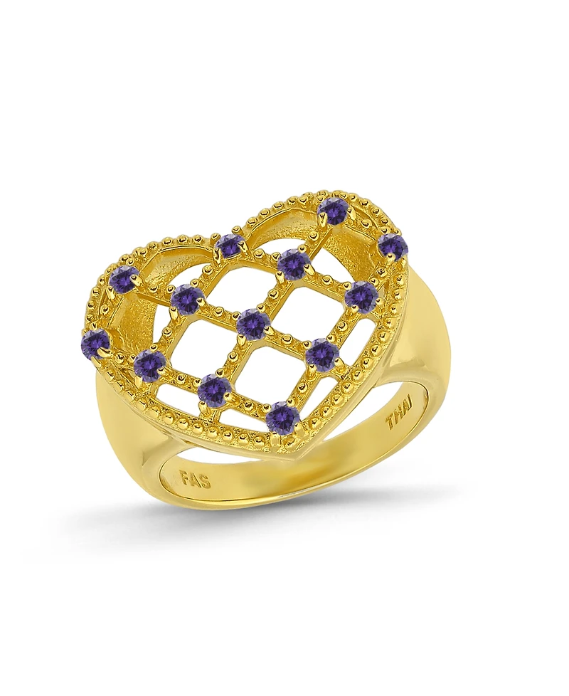 Macy's 14k Gold-Plated Over Brass Round Clear Cubic Zirconia Lattice Heart Shaped Ring
