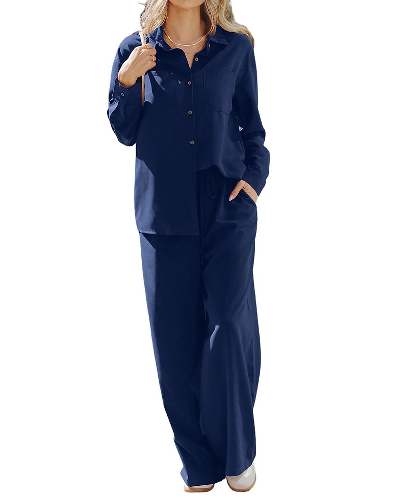 Cupshe Women's Soft Dawn Oversized Collared Wide-Leg Shirt and Trouser Set