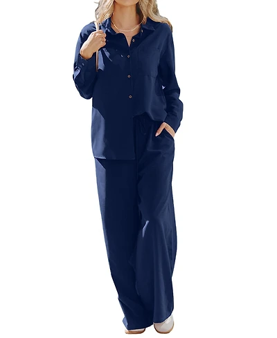 Cupshe Women's Soft Dawn Oversized Collared Wide-Leg Shirt and Trouser Set
