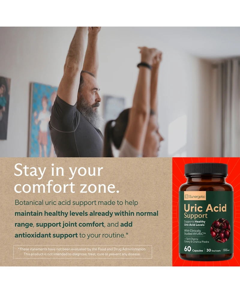 Sunergetic Uric Acid Support Supplement with Tart Cherry, Chanca Piedra and Turmeric, Uric Acid Cleanse and Kidney Support, 60 Capsules