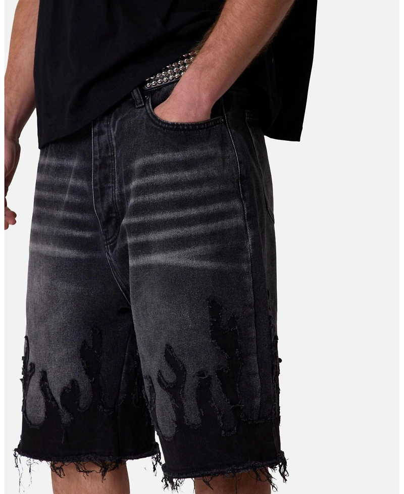 mnml Men's Baggy Flame Denim Shorts