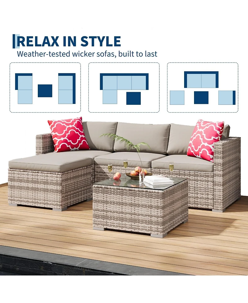 gaomon Adult 5 Piece Patio Furniture Set- Pe Rattan Sectional Sofa- Outdoor Conversation Seating