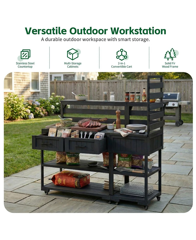 Streamdale Furniture 62.3'' Solid Wood Patio Kitchen Island With Stainless Steel Top