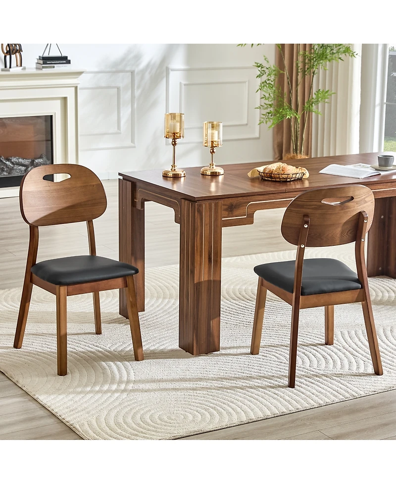 Streamdale Furniture 2 Walnut Solid Wood Dining Chairs with Pu Cushions and Hollow Backs