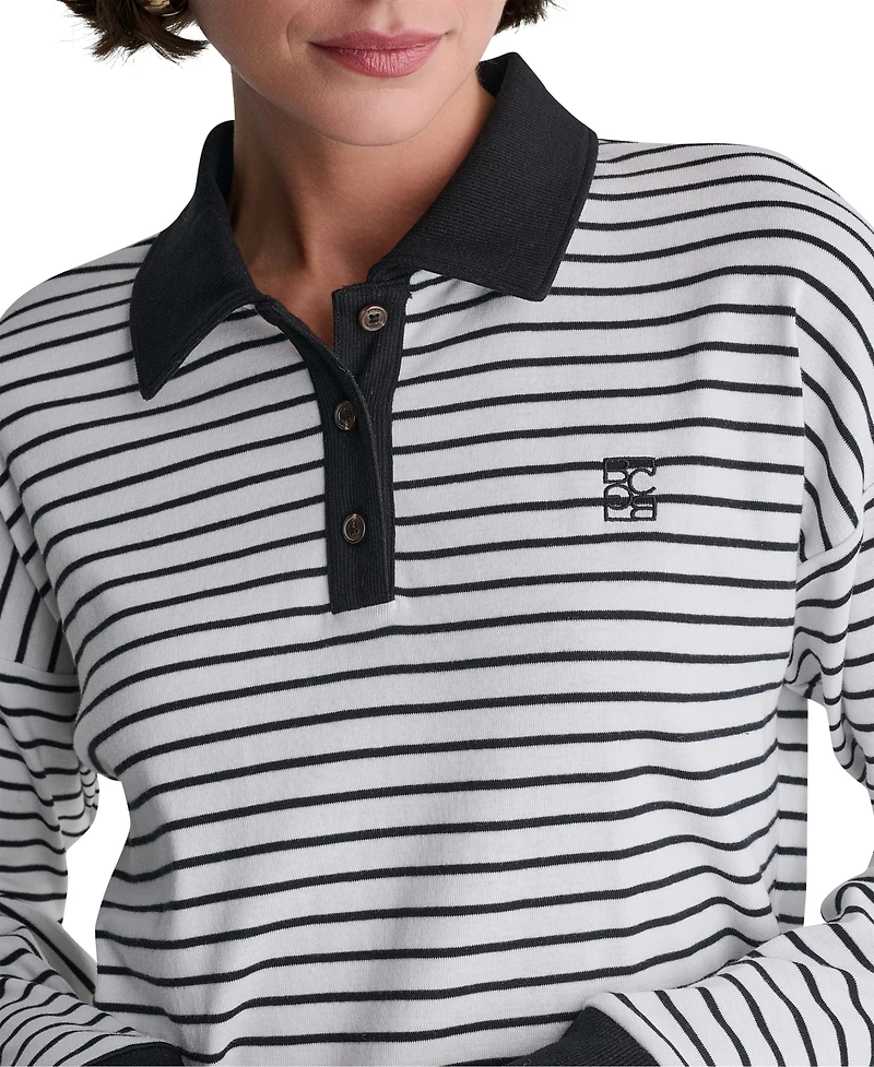 Bcbg Women's Long-Sleeve Striped Collared Polo Top