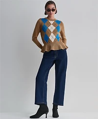 Bcbg Women's Long-Sleeve Crewneck Argyle Peplum Sweater