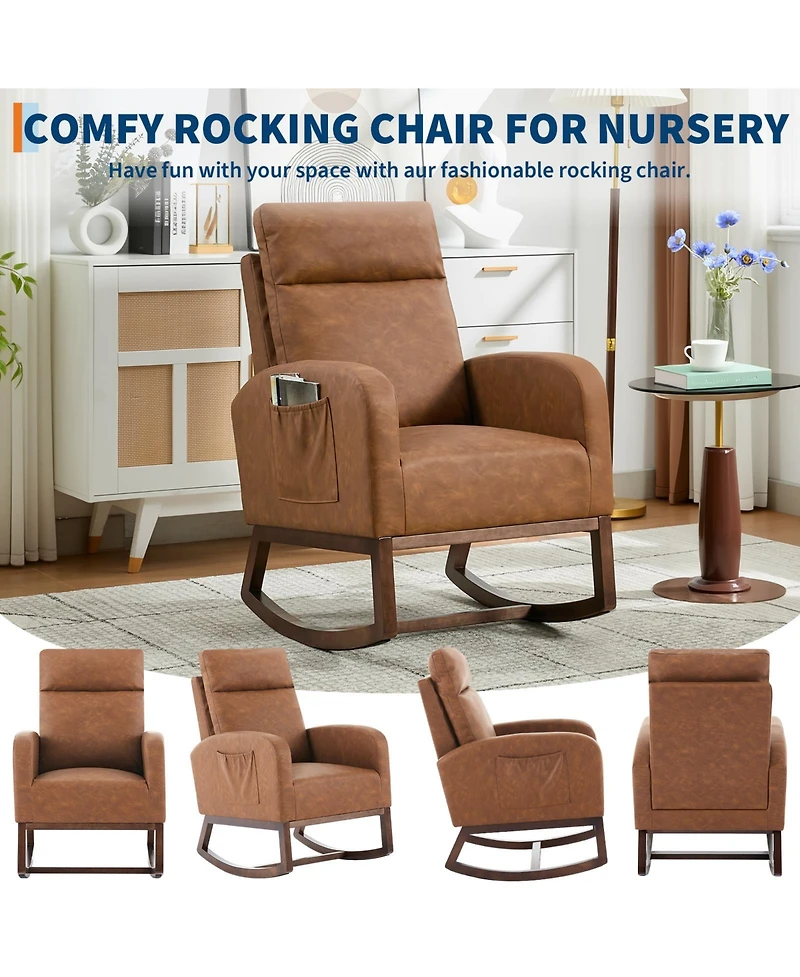 homfan Modern Hospitality Rocking Chair – Teddy Upholstery, High Back ,Armrest ,Wingback, Side Pockets Rubber Wood Legs for Restaurant or Office