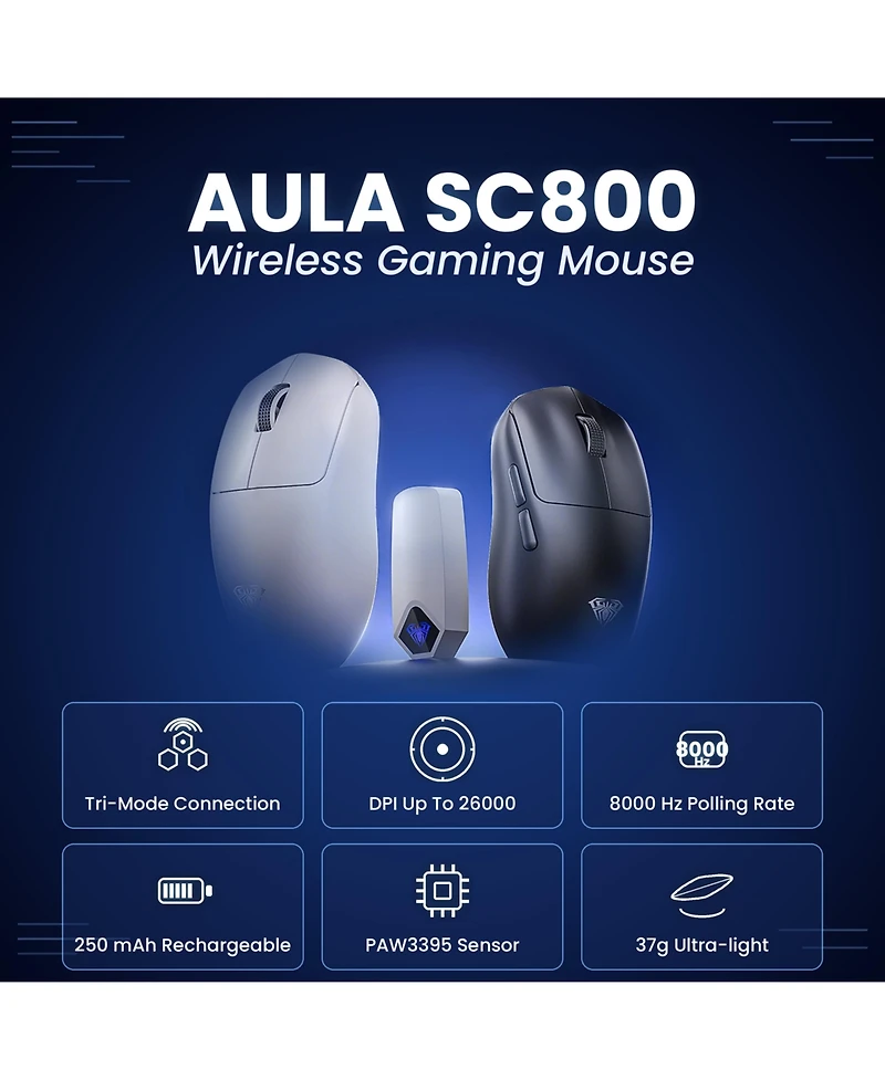 Aula SC800 Wireless Gaming Mouse, Ultra-Light 37g, High-Precision Control, Instant Response, Programmable Buttons