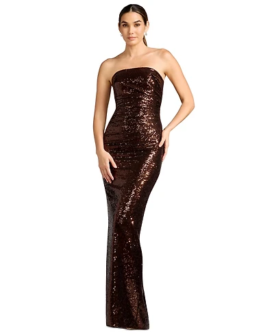 Dress the Population Women's Strapless Ruched Sequin Sheath Gown