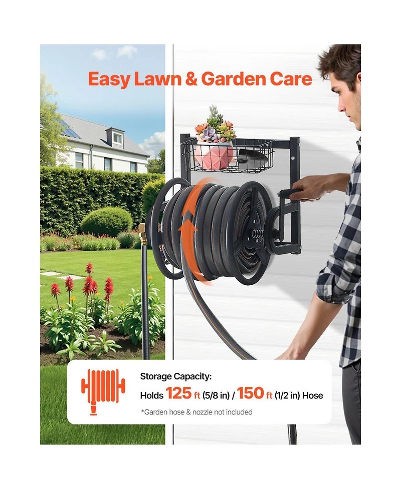 Vevor Wall Mounted Garden Hose Reel 125ft 5/8 in Hose Holder Brass Fitting and Basket