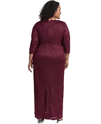 Jessica Howard Plus 3/4-Sleeve Side Tuck Lace Gown