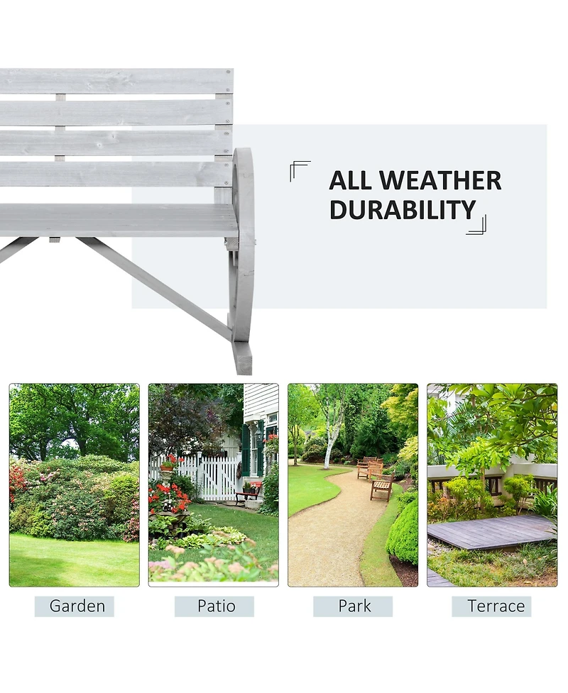 Outsunny Wooden Wagon Wheel Bench, Rustic Outdoor Patio Furniture, 2-Person Seat Bench with Backrest, Light Grey