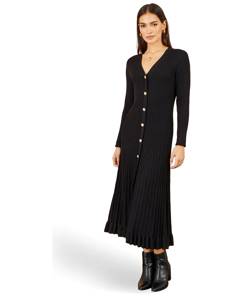 Yumi Women's Long Sleeve Ribbed Midi Knit Dress