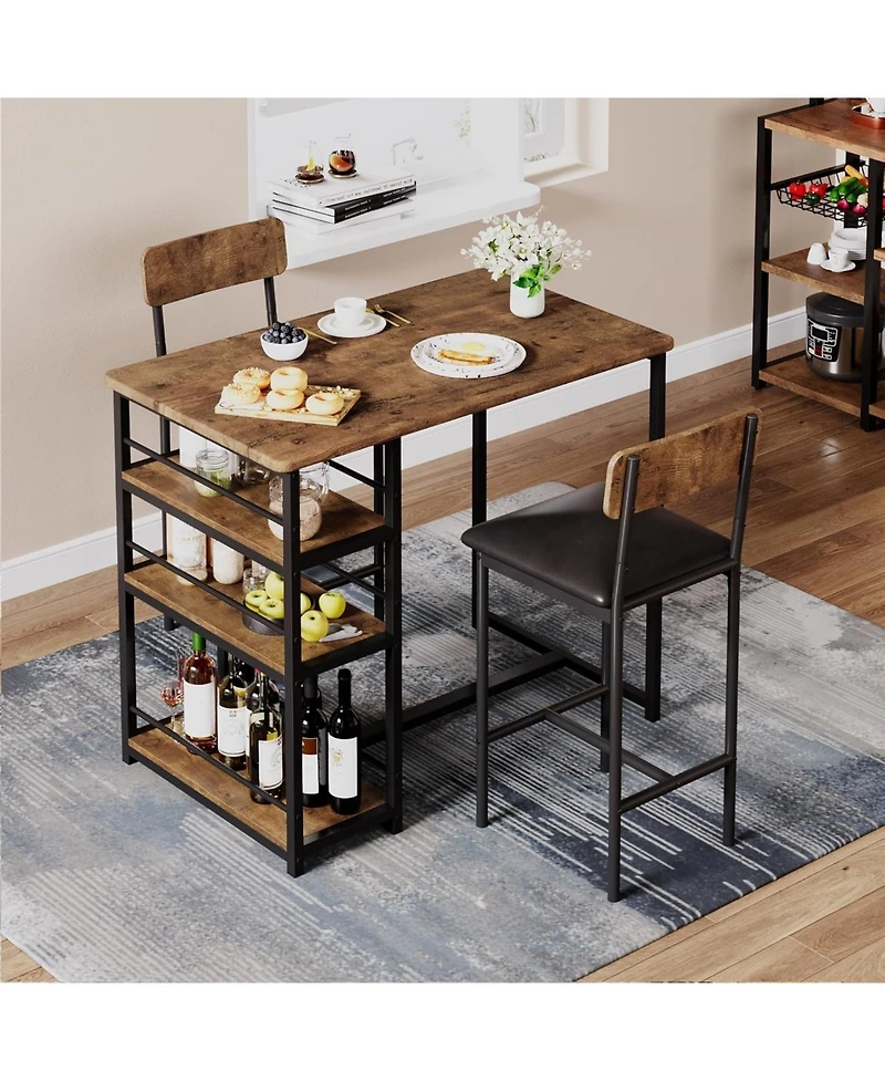 homfan Space Saving 3 Piece Dining Table Set Includes 2 Pu Cushion Chairs, 3 Storage Shelves, Compact Furniture for Kitchen or Breakfast Nook