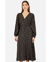 Yumi Women's Long Sleeve Foil Print Midi Dress