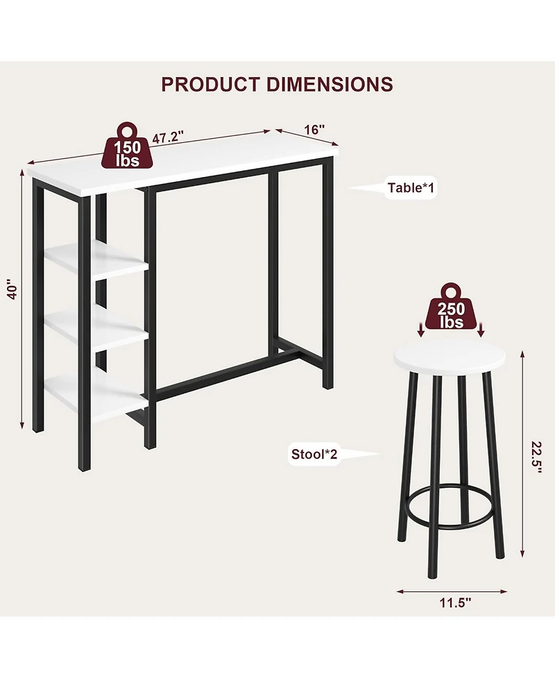 homfan 47 Inch Bar Height Dining Table Set with 2 Stools and 3 Storage Shelves Space Saving Office Table and Chair for Apartment, Kitchen, Bistro