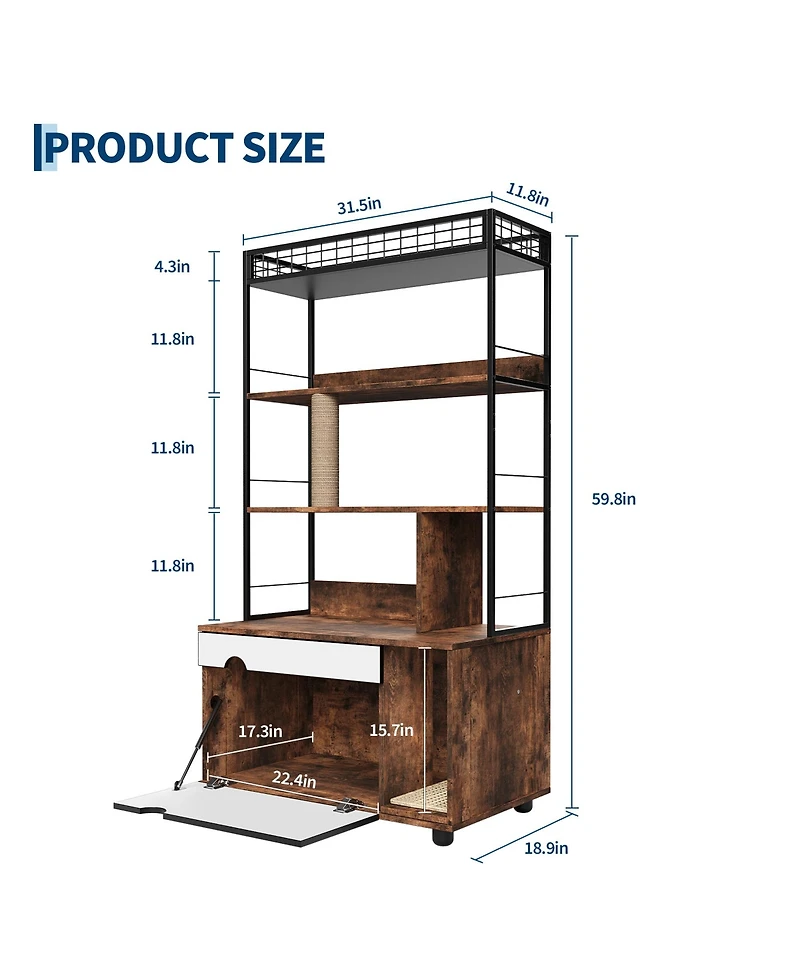 homfan Hidden Cat Litter Box Enclosure Furniture with 4-Tier Shelves and Scratching Post, 2-in-1 Large Wooden Cat Litter Box Cabinet