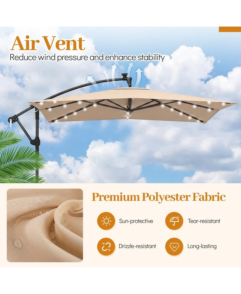 Sugift 8x8 Feet Solar Led Offset Cantilever Square Patio Umbrella with 360 Rotation