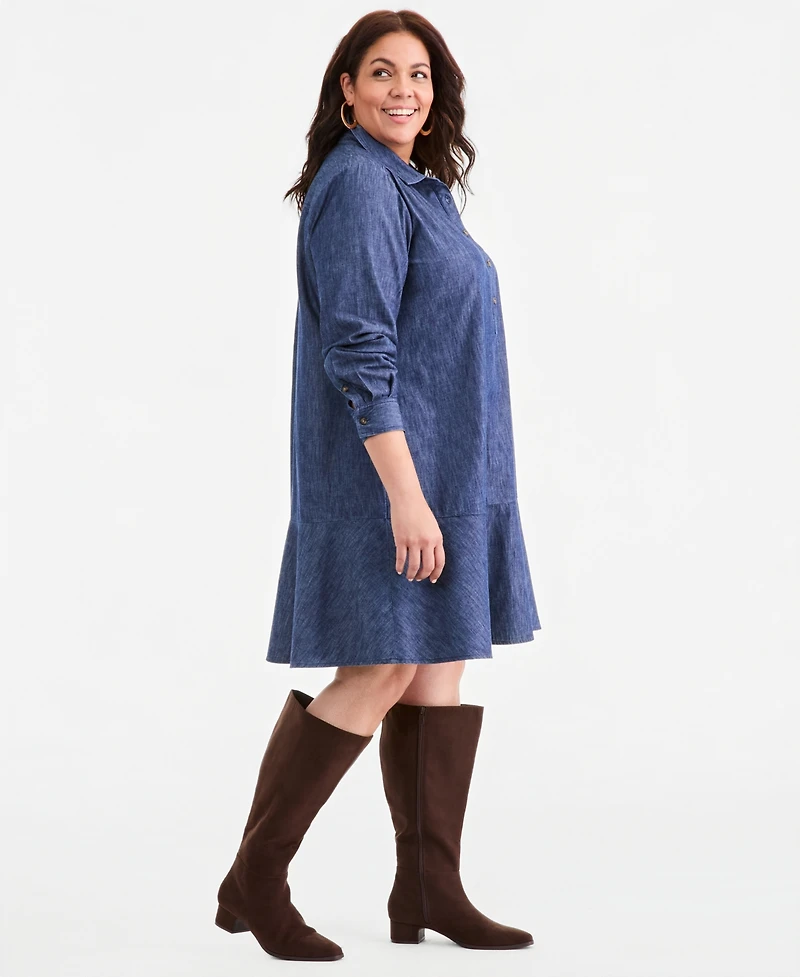 Style & Co Plus Denim Long-Sleeve Peplum Shirt Dress, Macy's Exclusive
