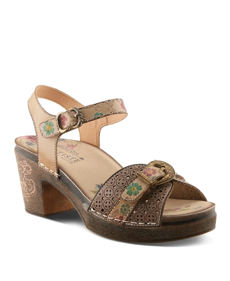 L'Artiste Women's Spring Step Upperbuck Ankle Strap with Hand-Painted Design