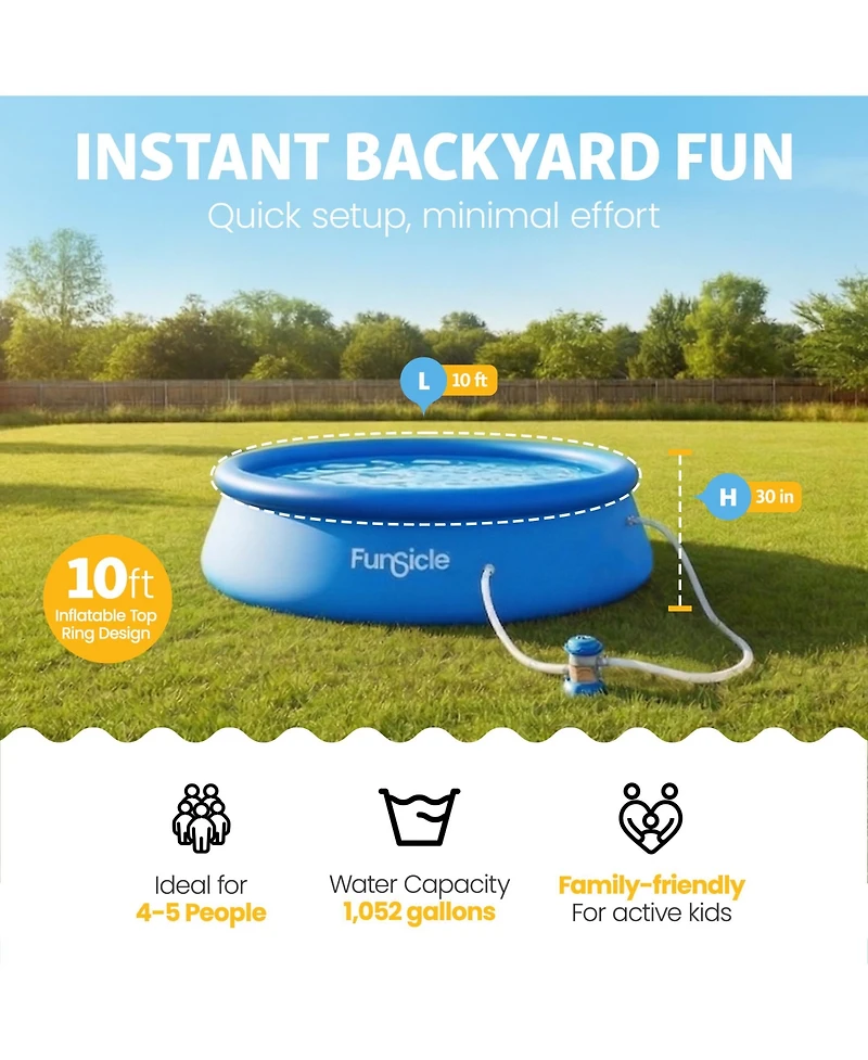 Funsicle 10' x 30" QuickSet Inflatable Ring Top Outdoor Above Ground Pool w/Pump