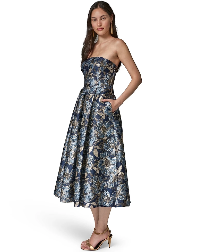 Donna Karan New York Petite Printed Metallic Strapless Midi Dress