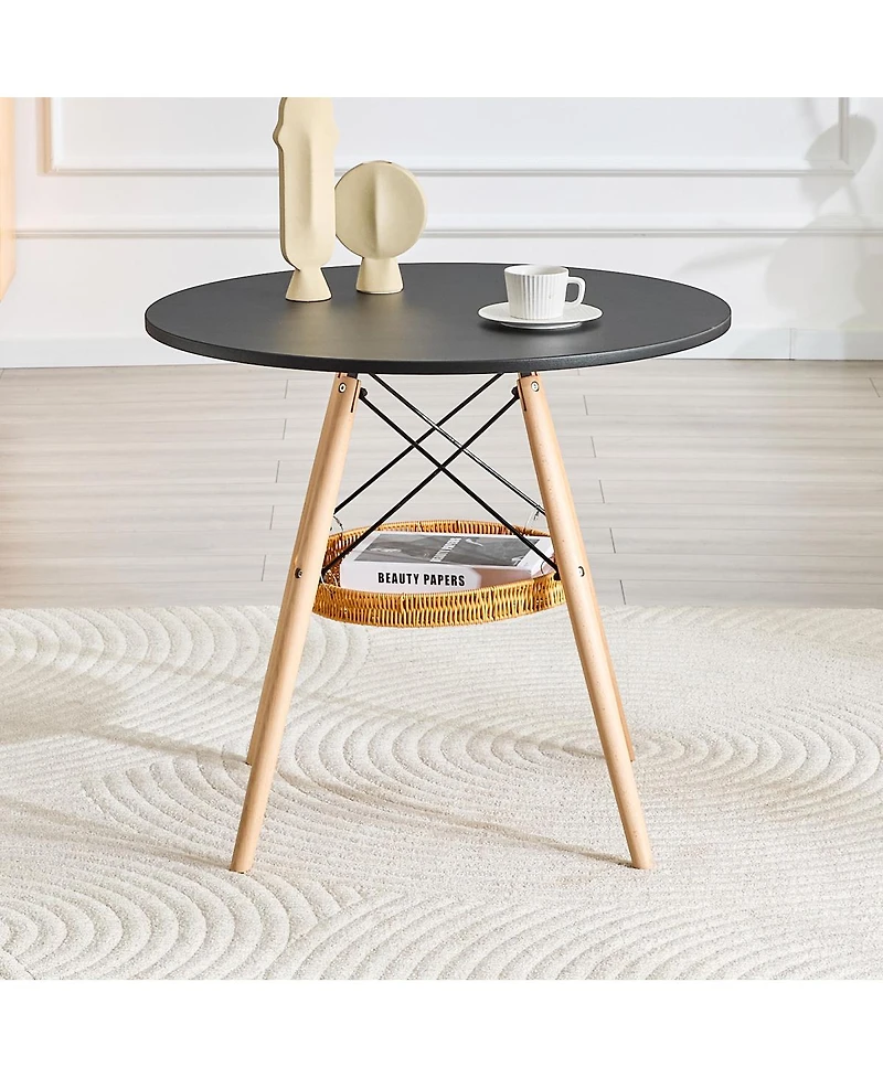 Streamdale 31.5'' Circular Dining Table with Woven Storage Basket and Wood Legs