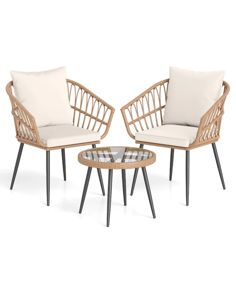 Slickblue 3 Piece Patio Bistro Set with Pe Rattan Chairs and Glass Coffee Table