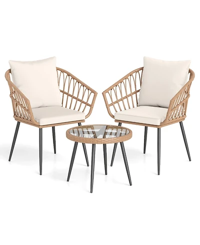 Slickblue 3 Piece Patio Bistro Set with Pe Rattan Chairs and Glass Coffee Table