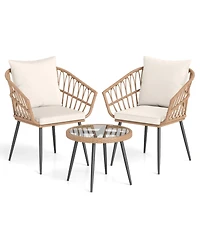 Slickblue 3 Piece Patio Bistro Set with Pe Rattan Chairs and Glass Coffee Table