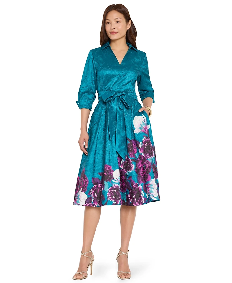 Tahari Asl Women's Floral Metallic-Embroidery Fit & Flare Midi Dress