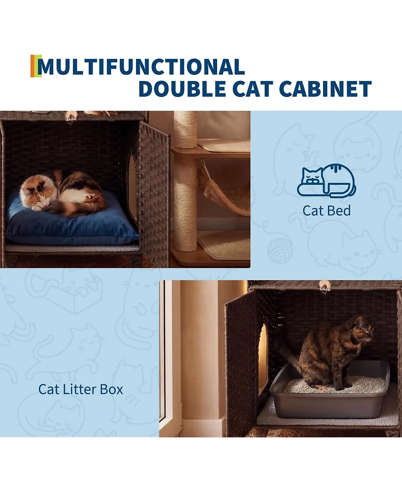 homfan Rattan Cat Litter Box Enclosure for 2 Cats – Large Hidden Furniture with Doors, Mat and Hooks, Double Cabinet