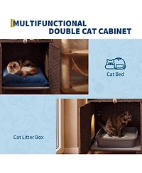 homfan Rattan Cat Litter Box Enclosure for 2 Cats – Large Hidden Furniture with Doors, Mat and Hooks, Double Cabinet