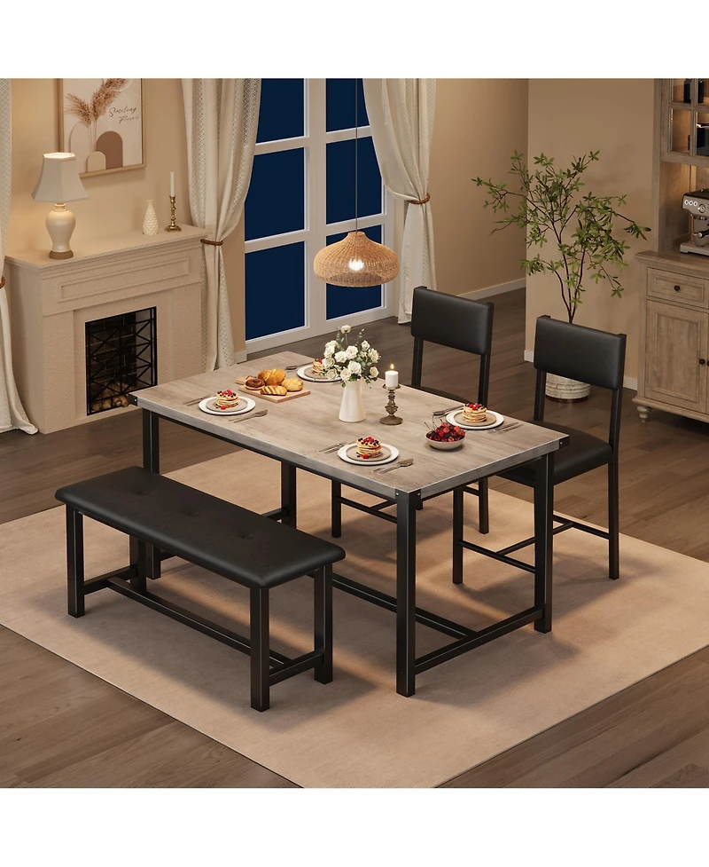 homfan Dining Table for 4, Kitchen Table with Upholstered Bench, Space-Saving Table for Apartment, Industrial Wood and Metal Room Table, Easy Clean
