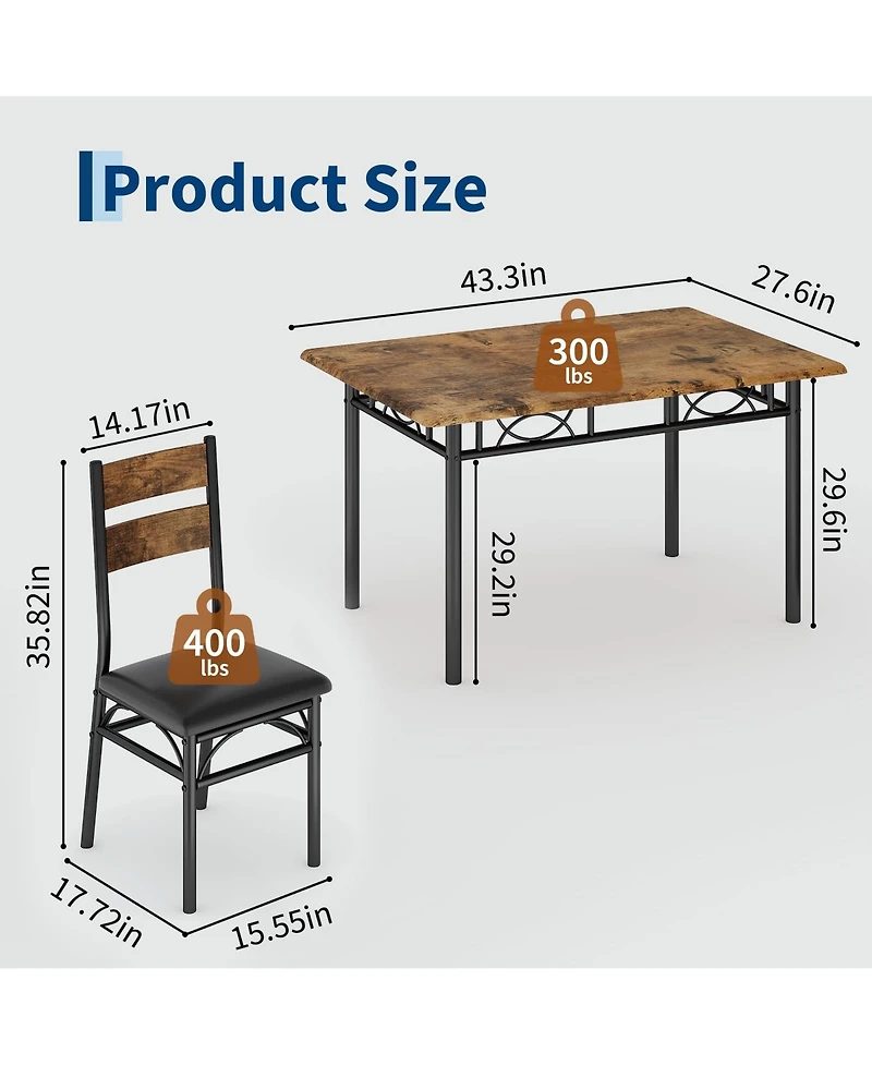 homfan 5-Piece Dining Table Set for 4, Industrial Rectangular Kitchen Table with 4 Upholstered Chairs, Metal Frame