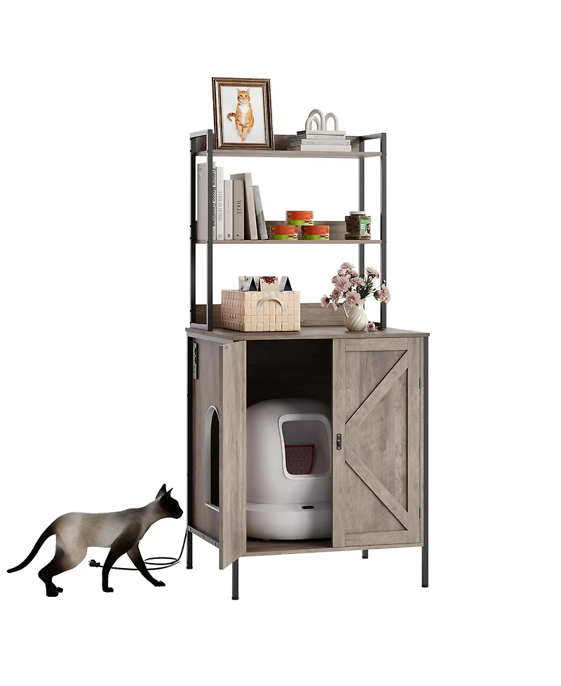 homfan Farmhouse Cat Litter Box Enclosure Cabinet – 70" Tall Hidden Furniture with Charging Station, Storage Shelves, Magnetic Lock Doors