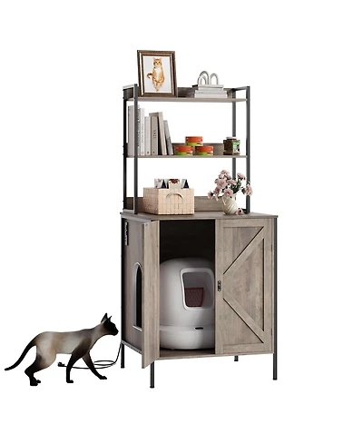 homfan Farmhouse Cat Litter Box Enclosure Cabinet – 70" Tall Hidden Furniture with Charging Station, Storage Shelves, Magnetic Lock Doors