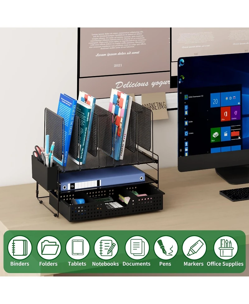 Danrong Metal Desk Organizer with Vertical File Holder Drawer Pen Multi-Functional Storage for Home Office School