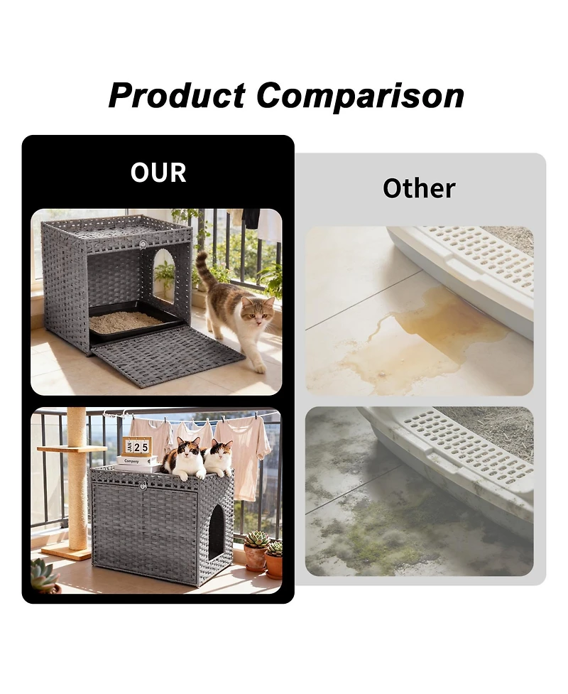 homfan Rattan Cat Litter Box Cabinet – Large Hidden Enclosure with Mat and Barrier, Handwoven Boho Style Furniture with Lightweight Metal Frame