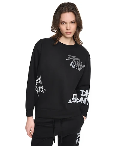 Dkny Sport Women's Graffiti Logo Crewneck Graphic Long-Sleeve Sweatshirt
