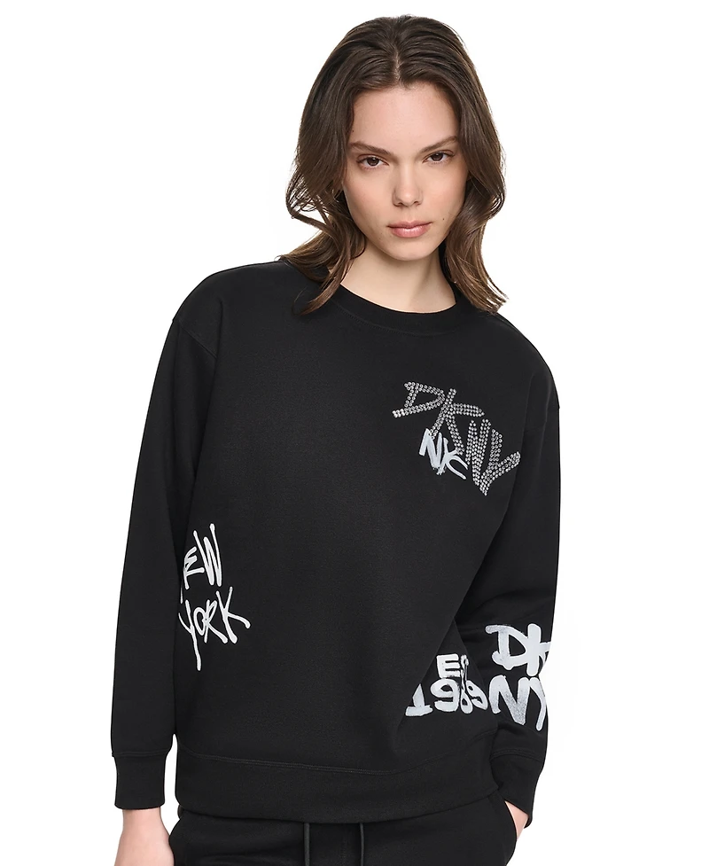 Dkny Sport Women's Graffiti Logo Crewneck Graphic Long-Sleeve Sweatshirt