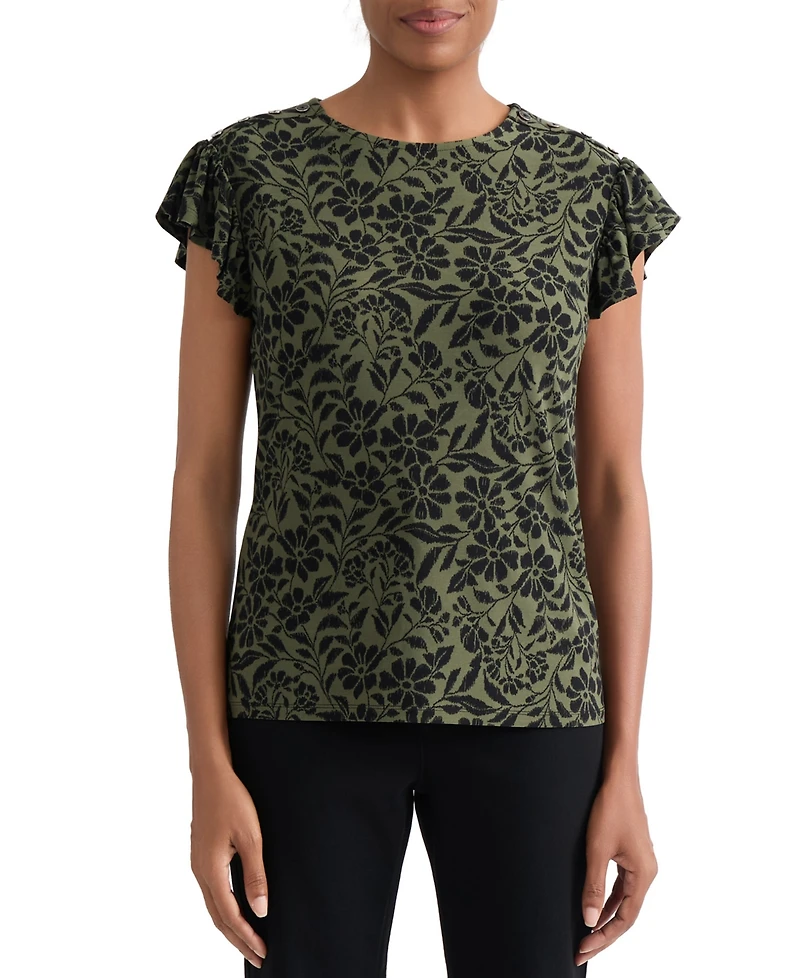 Jones New York Women's Printed Flutter-Sleeve Top