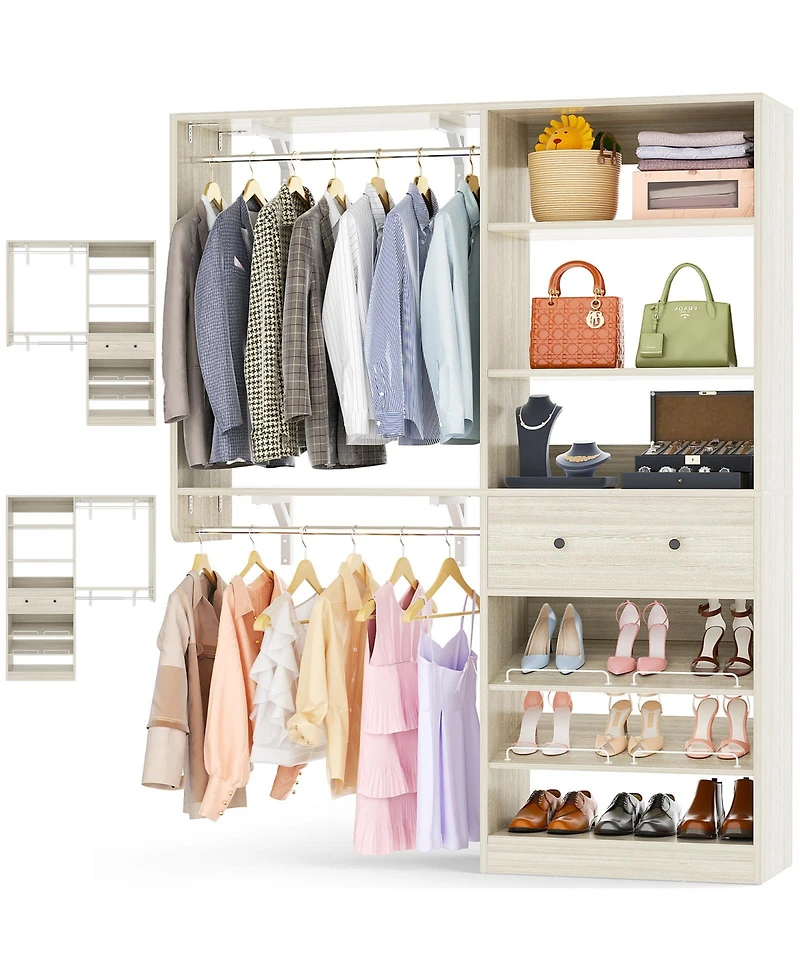 Aheaplus 5FT Reversible Wood Closet Organizer with 2 Hanging Rods and Shelf